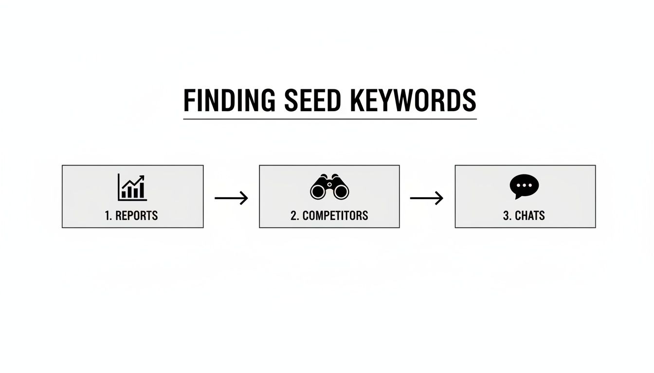 Flowchart illustrating three steps to find seed keywords: reports, competitors, and chats.