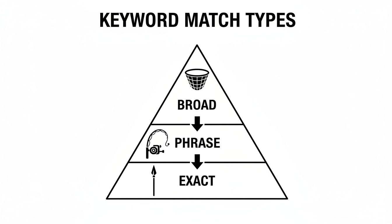 A pyramid chart illustrating keyword match types: broad, phrase, and exact, with relevant icons.