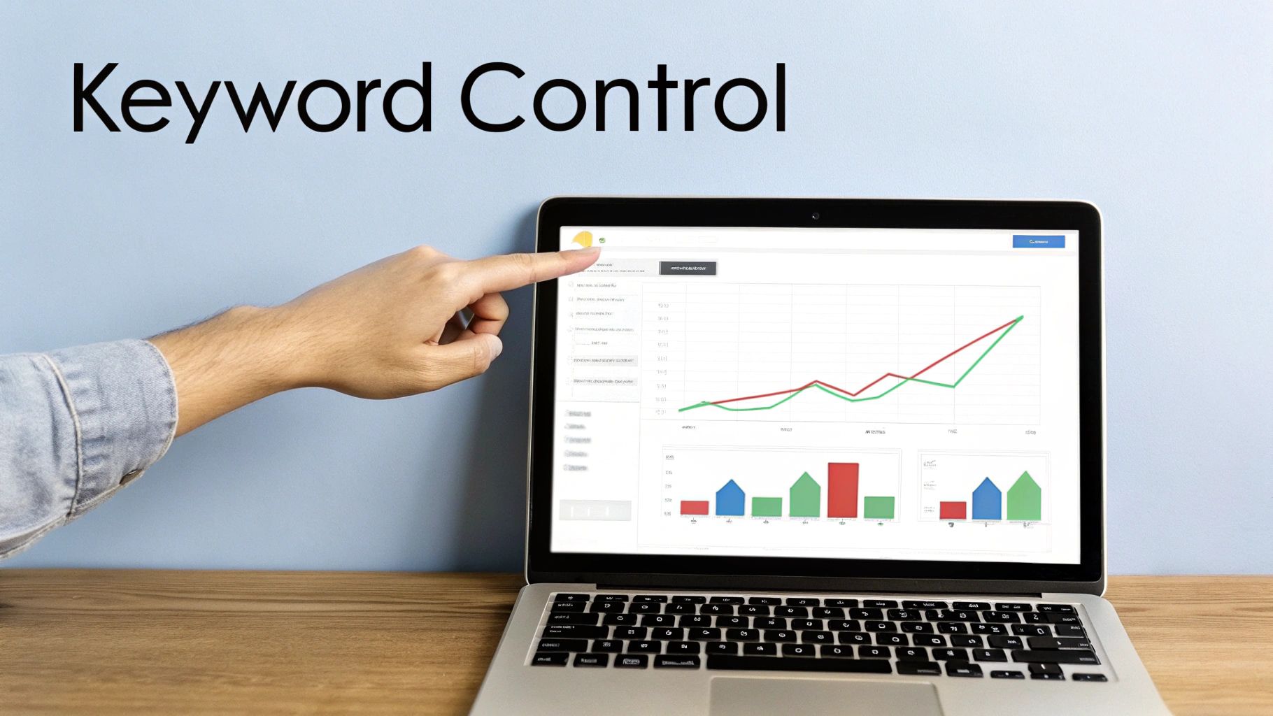 A hand points at a laptop displaying data graphs, illustrating keyword control and SEO analytics.