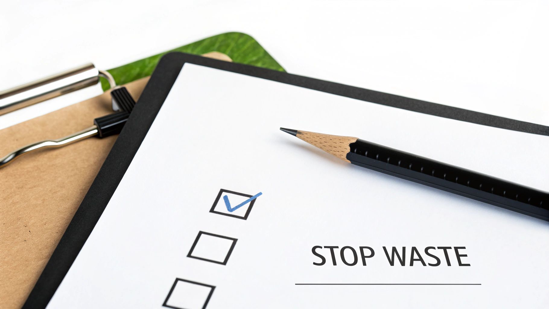 Checklist with 'STOP WASTE' message, a blue tick mark, and a black pencil on a clipboard.