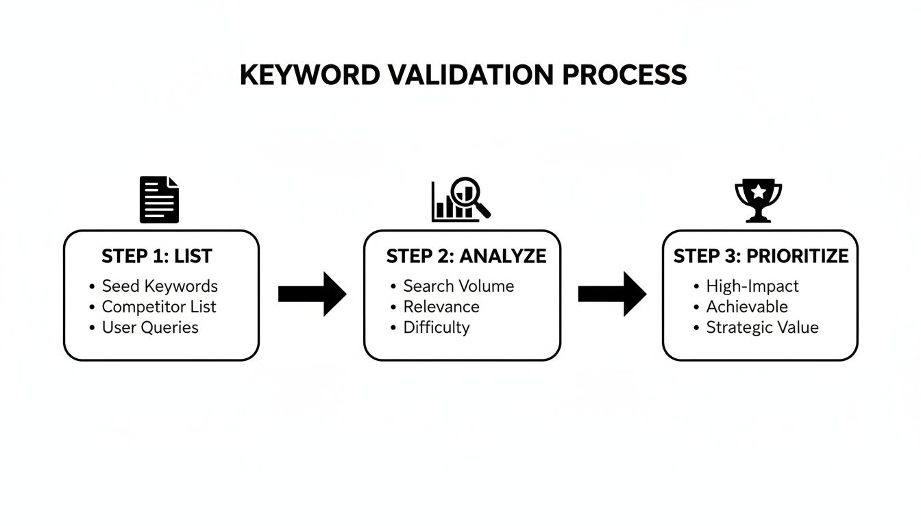 Diagram illustrating the keyword validation process with three steps: list, analyze, and prioritize for SEO.