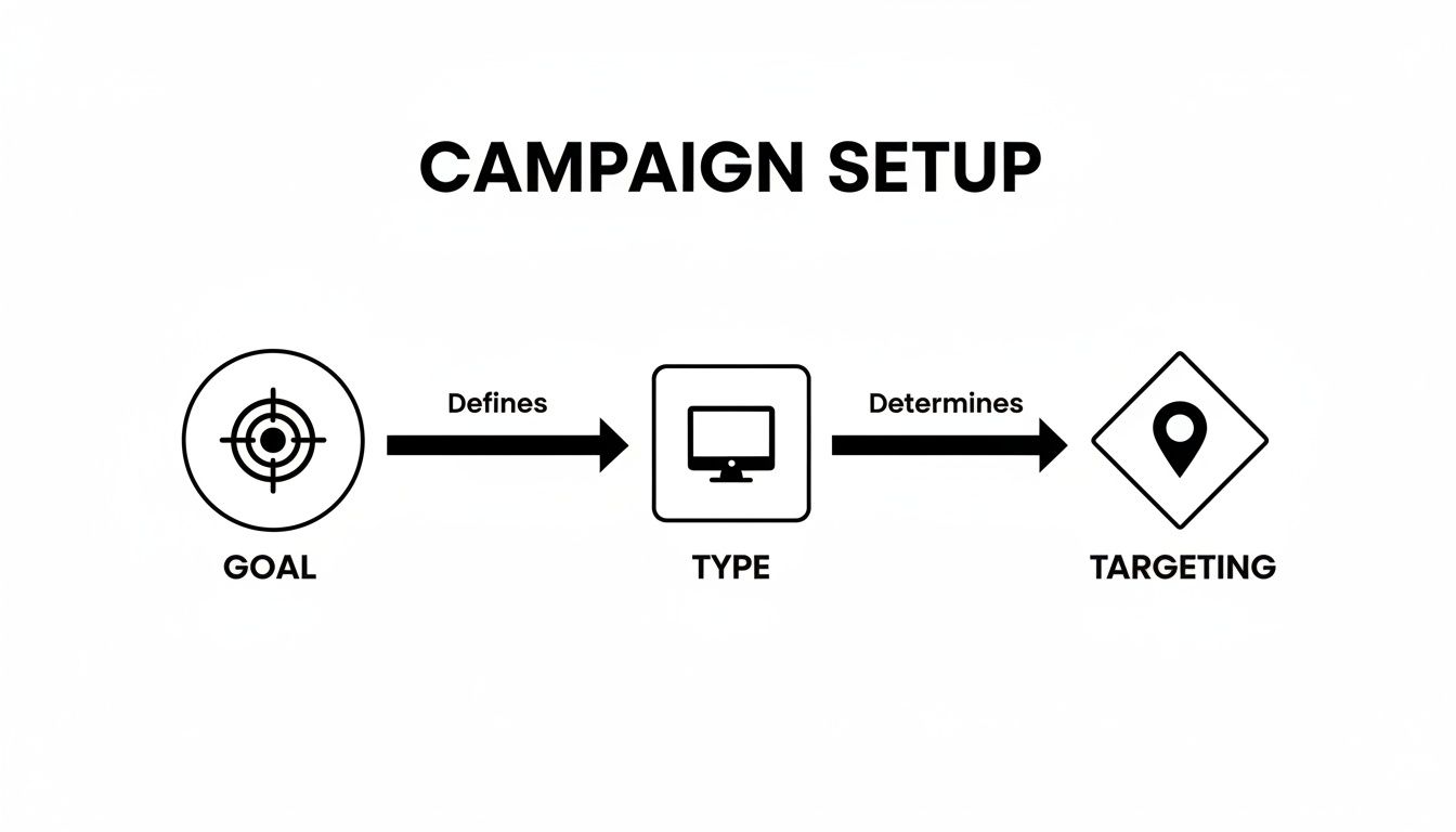 Flowchart showing campaign setup: Goal defines Type, which determines Targeting.