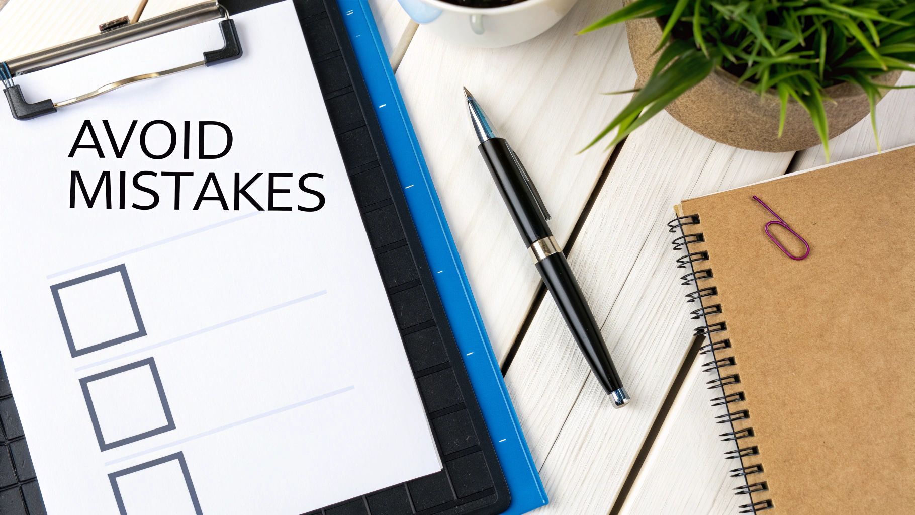 Flat lay of a clipboard with 'AVOID MISTAKES' checklist, a pen, a plant, and a notebook on a white wooden table.