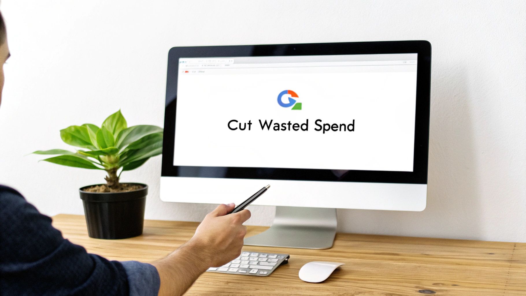 Person pointing a stylus at a computer screen displaying 'Cut Wasted Spend' with the Google logo.