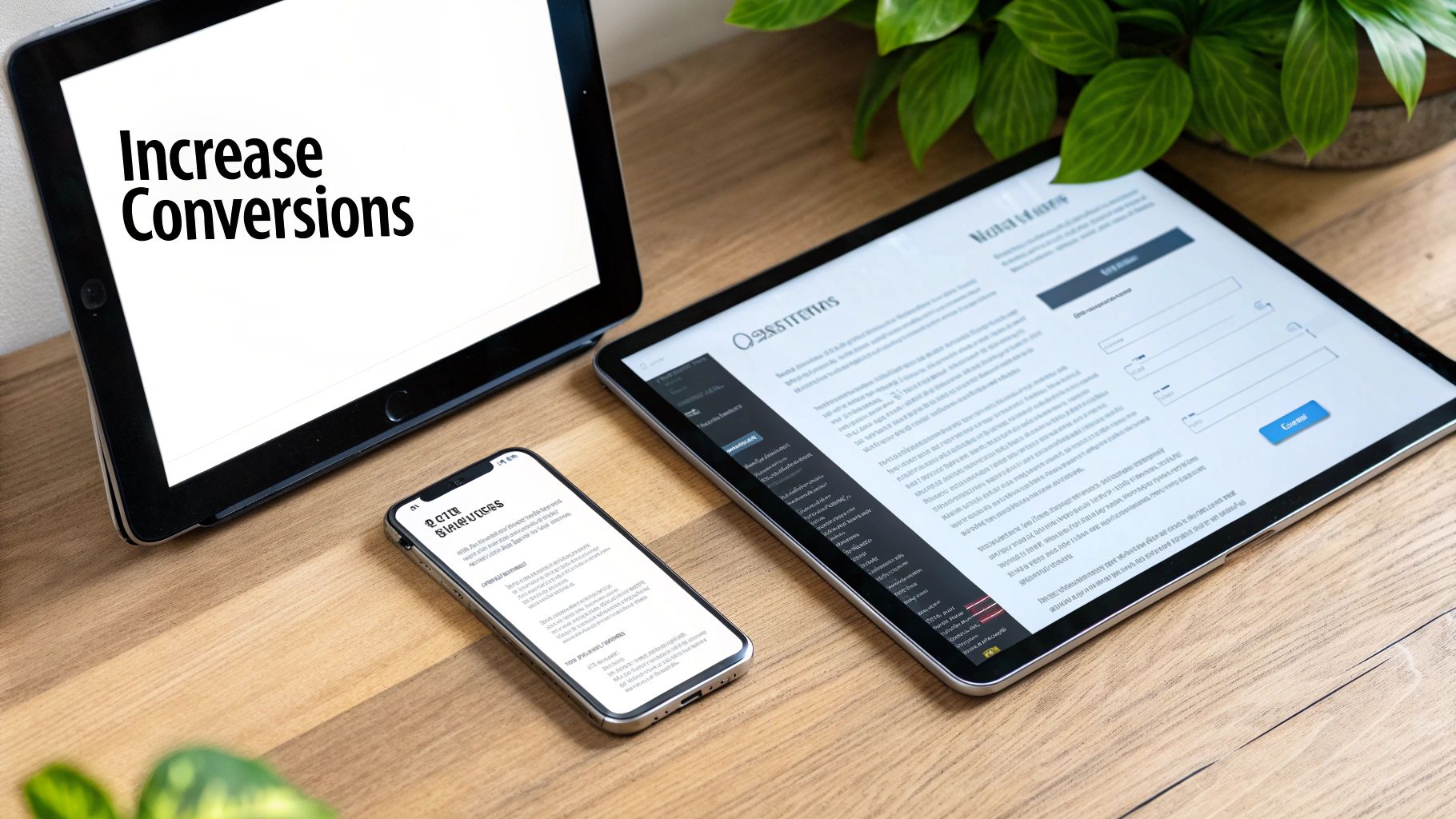 Digital devices on a wooden desk, one displaying 'Increase Conversions' for website optimization.
