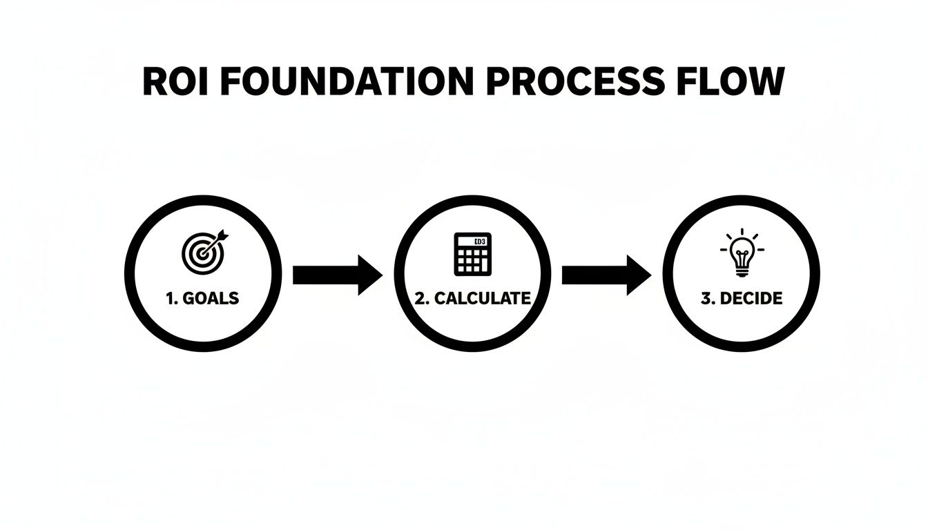 A three-step ROI foundation process flow showing goals, calculation, and decision making.