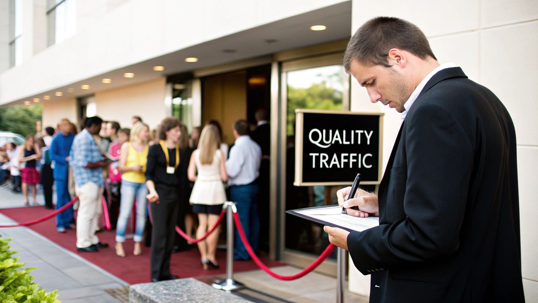 A man in a suit registers guests at an event entrance with a 'QUALITY TRAFFIC' sign and a red carpet line.