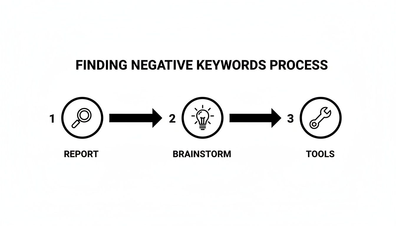 A three-step process flowchart illustrating how to find negative keywords: Report, Brainstorm, and Tools.