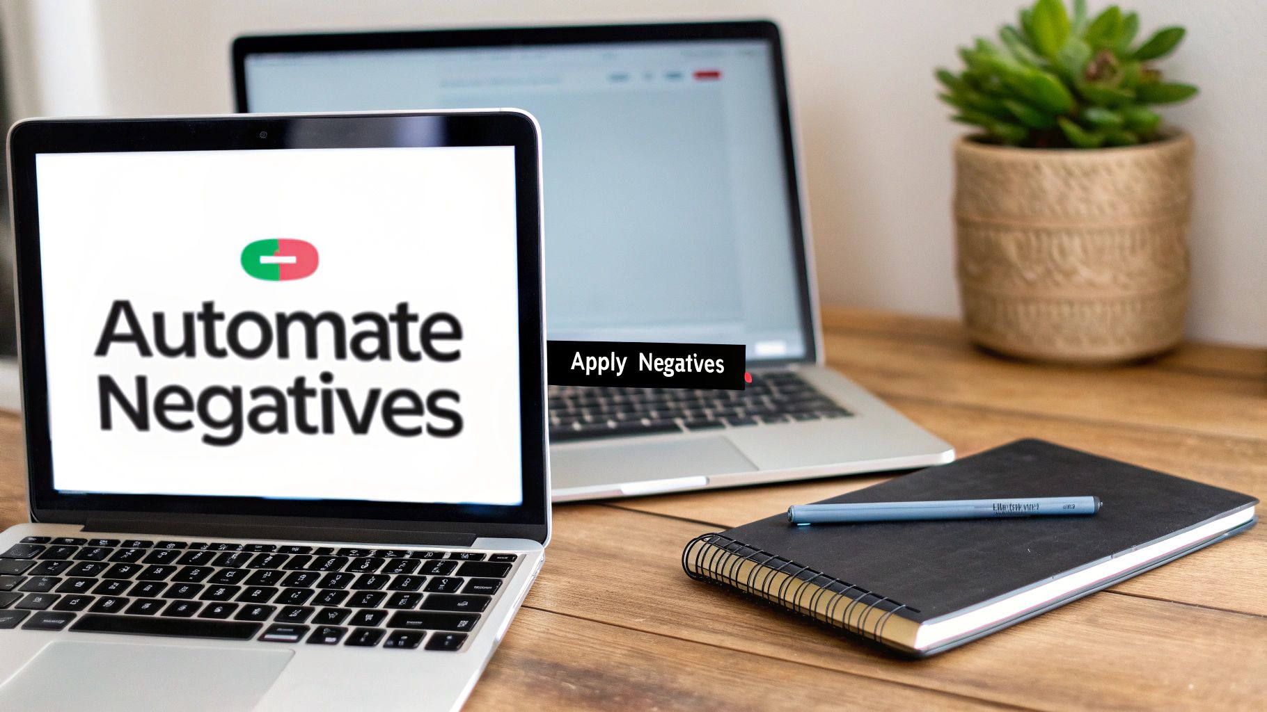 Two laptops on a wooden desk, one displaying 'Automate Negatives' and another with an 'Apply Negatives' pop-up.