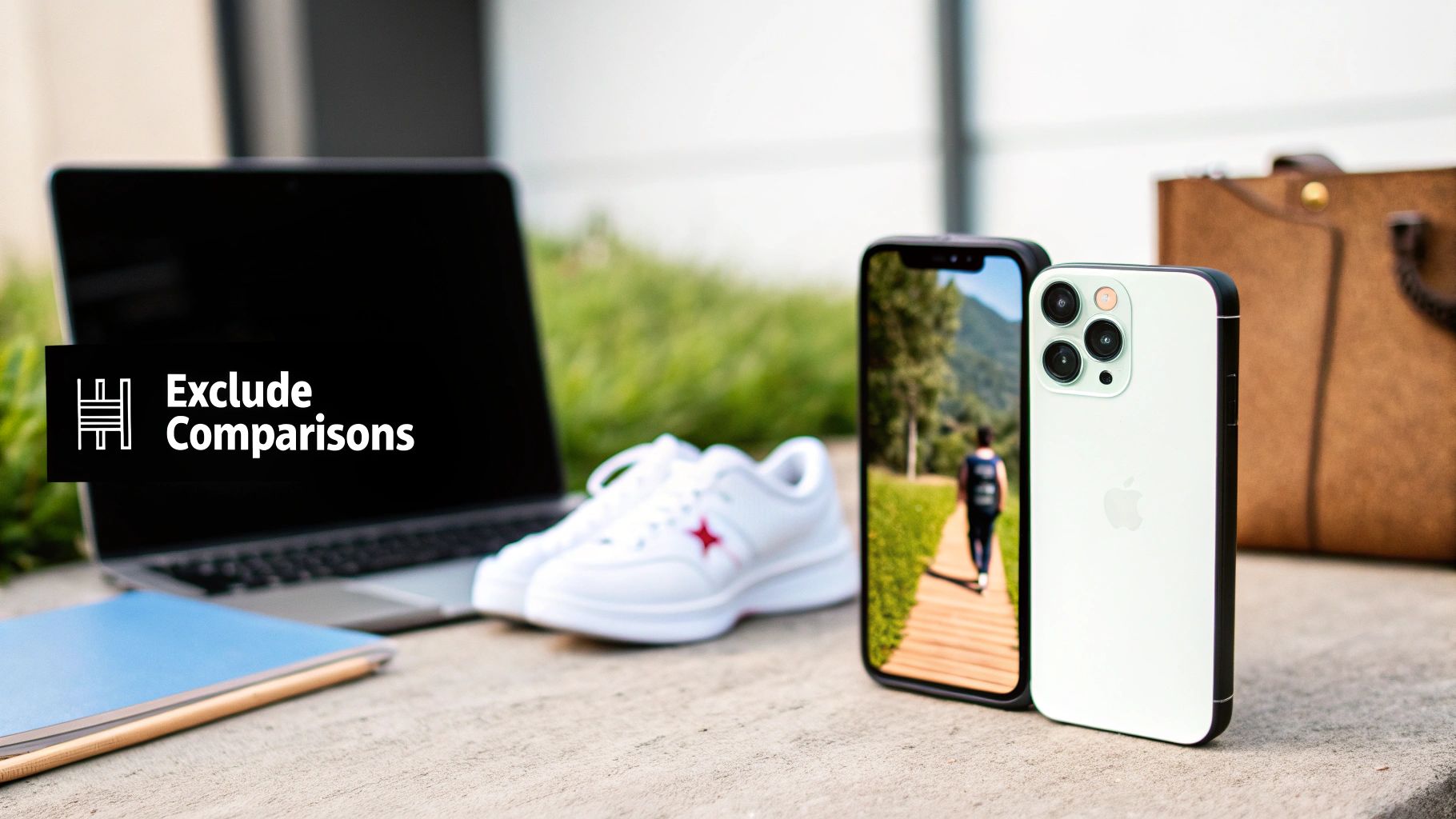 An outdoor workspace featuring a laptop, two iPhones, sneakers, a notebook, and a brown bag.