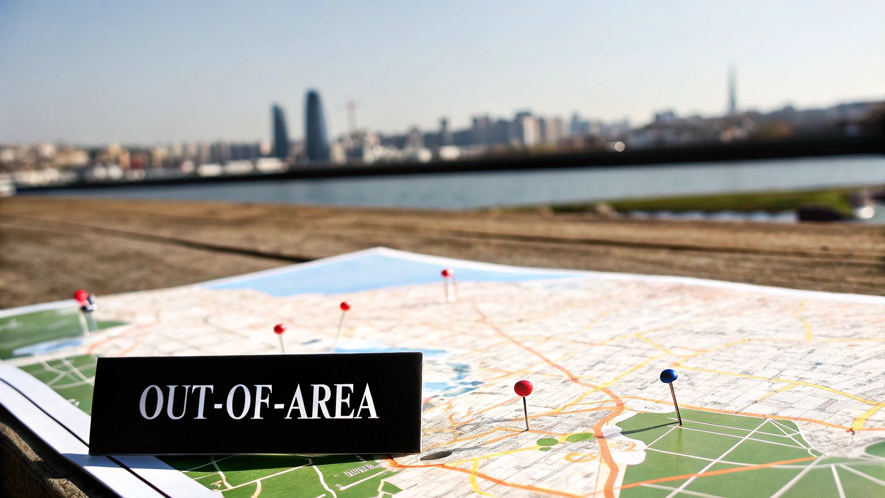 A map with various pushpins and a prominent 'OUT-OF-AREA' sign. A blurred cityscape and river are in the background.