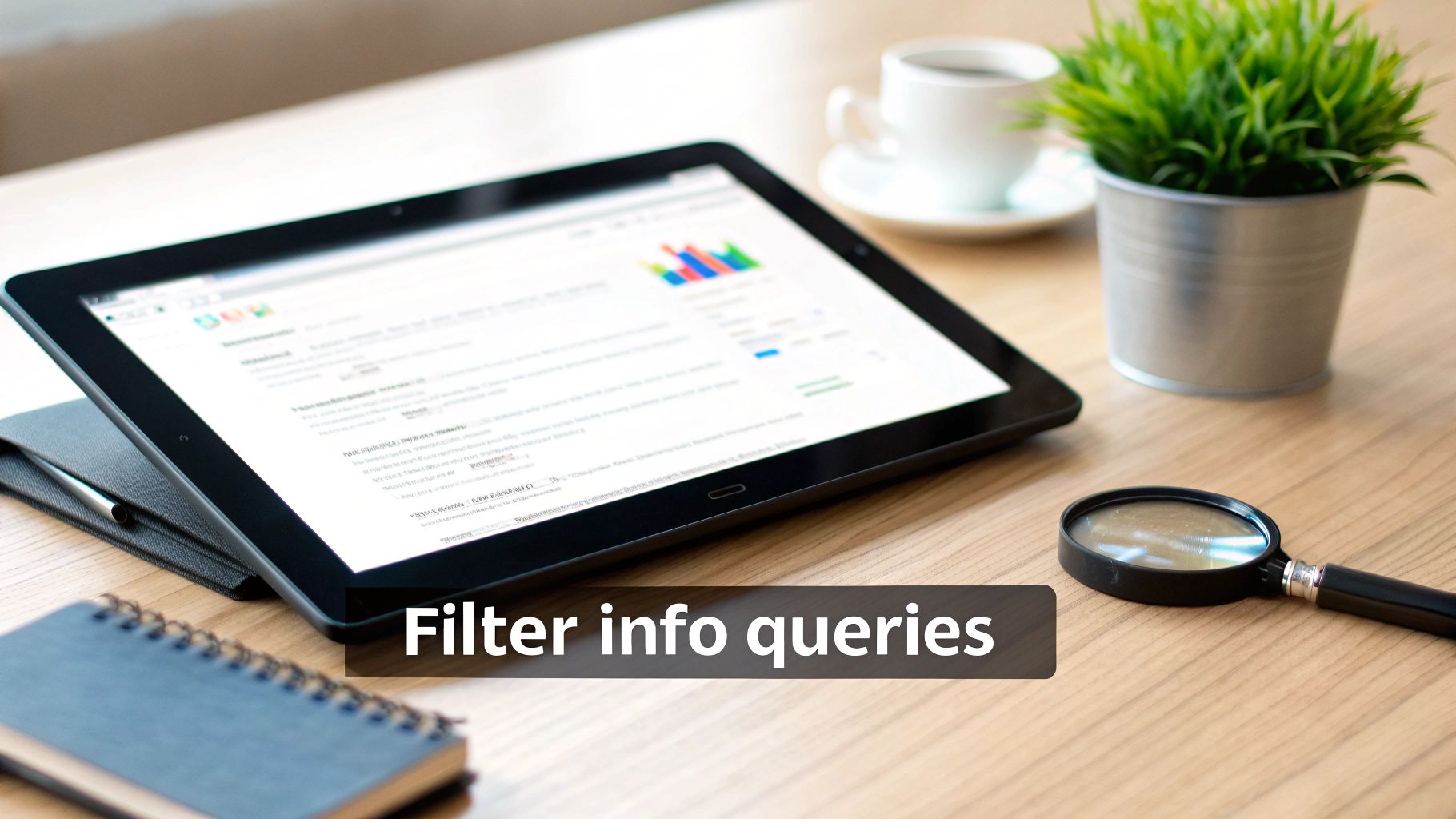A desk setup with a tablet displaying data analytics, a coffee cup, plant, notebook, and magnifying glass.