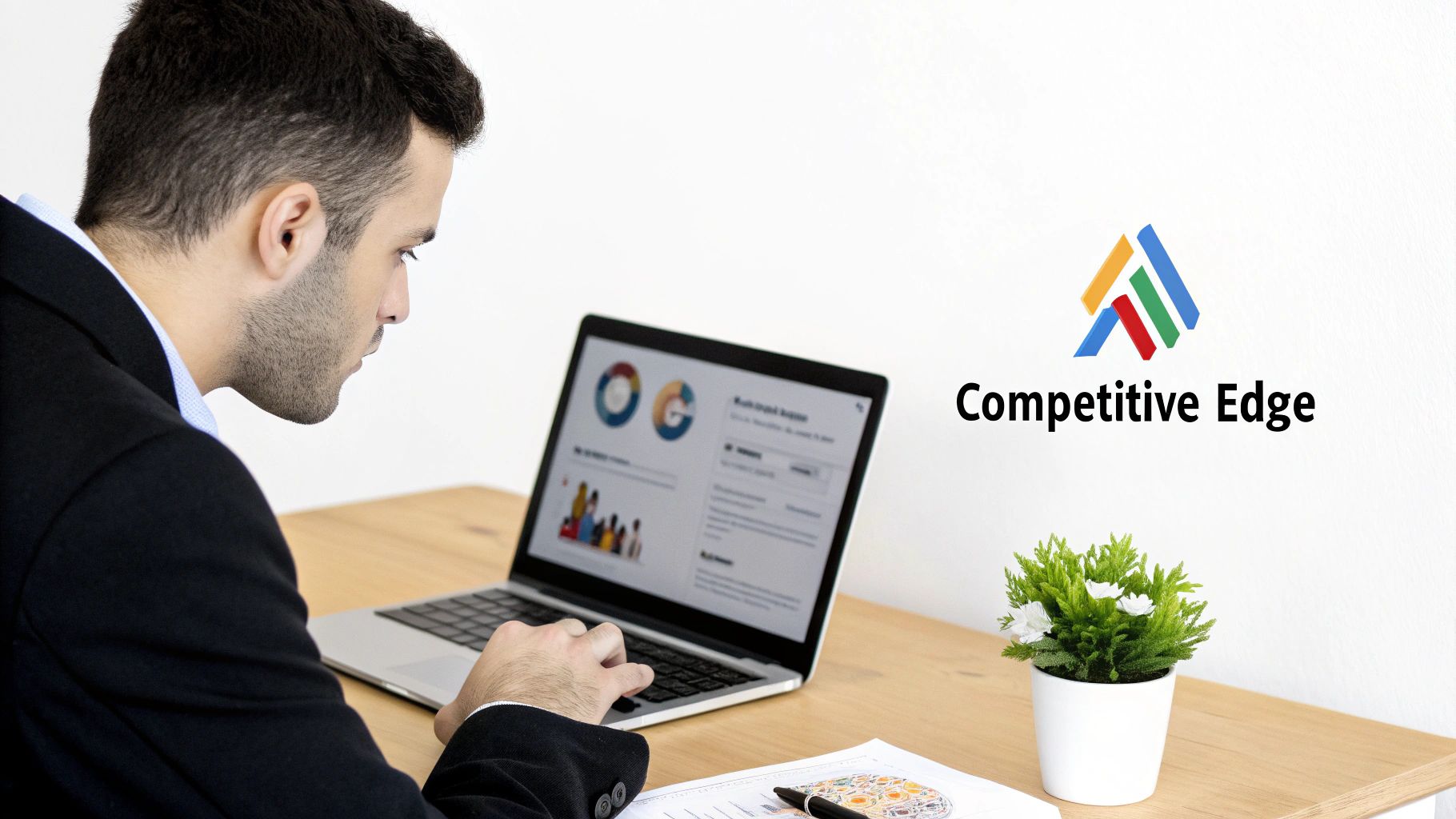 A businessman in a suit intently working on a laptop displaying analytical charts.