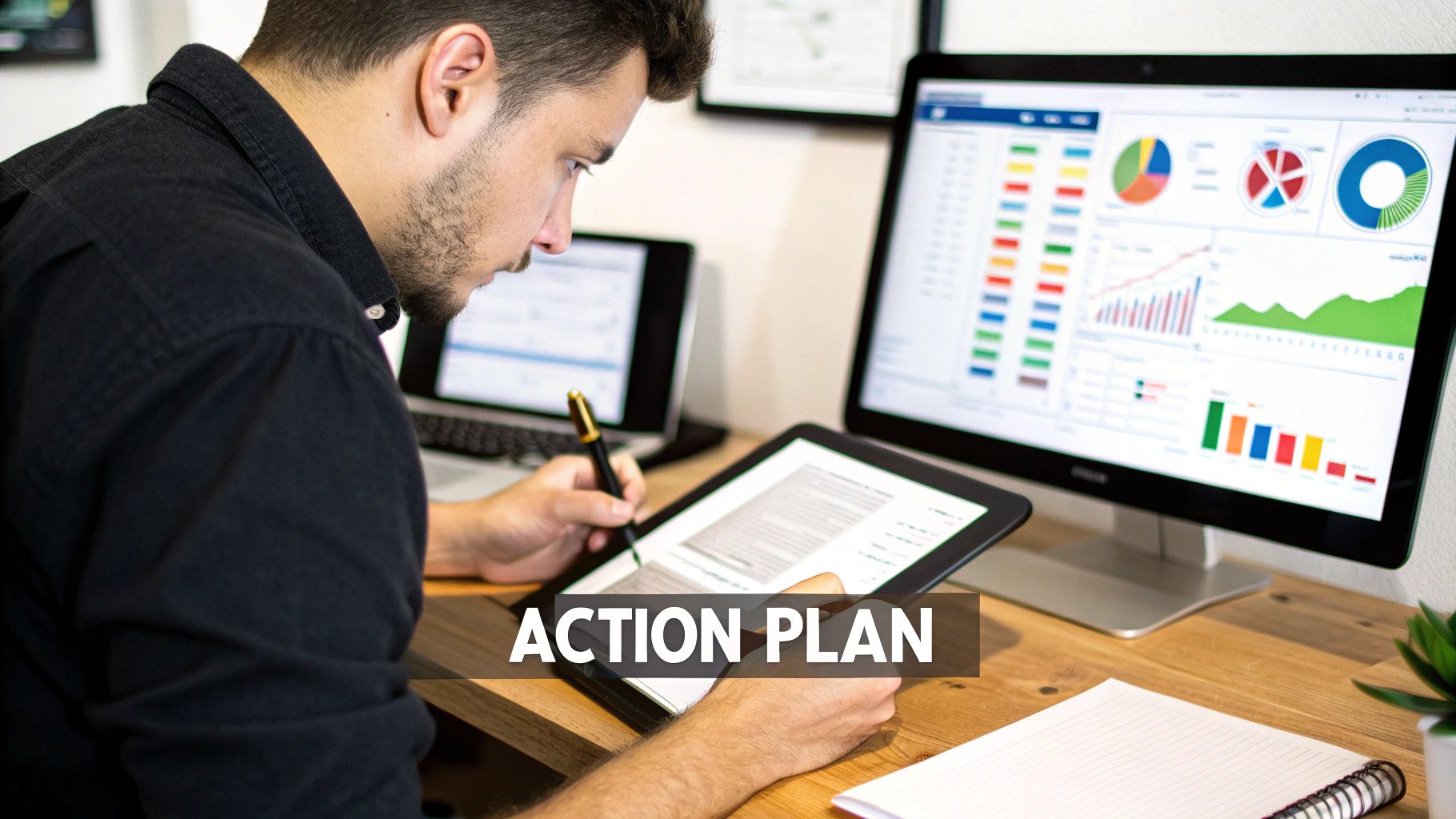 A man reviews a digital 'ACTION PLAN' on his tablet, with a computer monitor showing data insights.