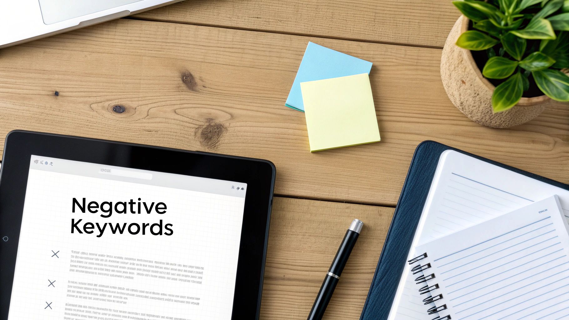 Overhead view of a wooden desk with a tablet displaying 'Negative Keywords', a laptop, notebook, pen, and plant.