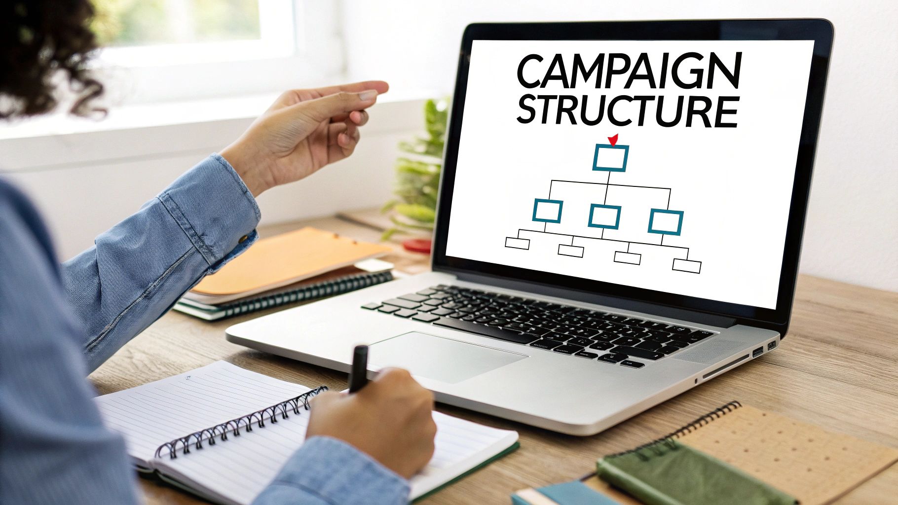 A person views a 'CAMPAIGN STRUCTURE' flowchart on a laptop while taking notes for strategic planning.