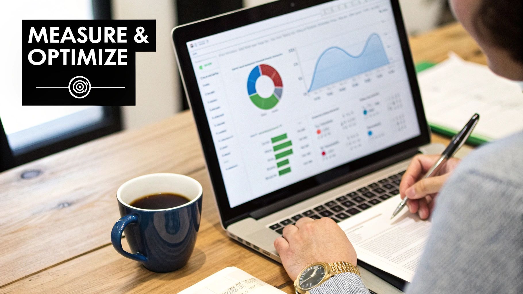 A person analyzes marketing data on a laptop, displaying charts, while taking notes, with a coffee mug.