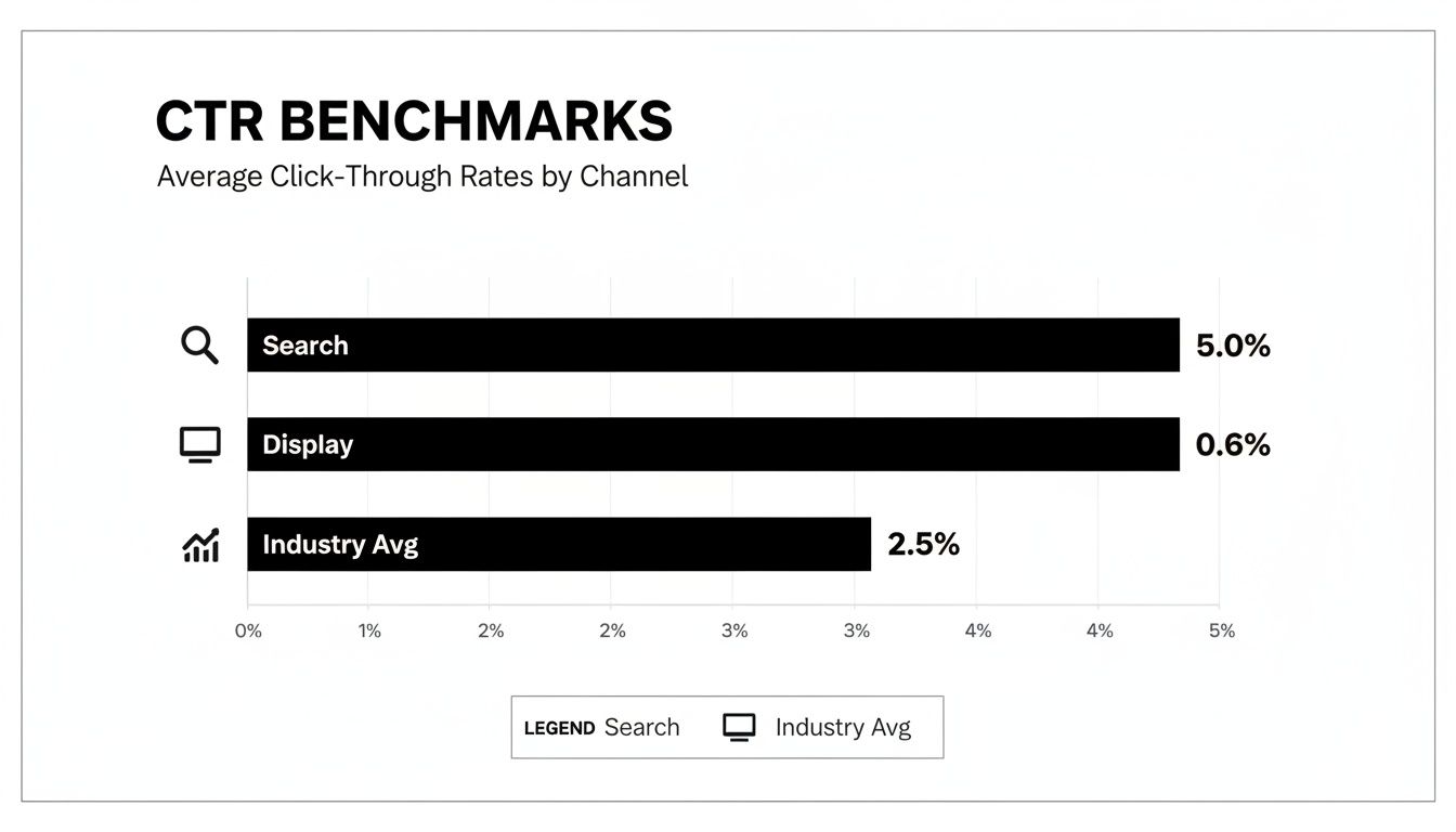 Bar chart displaying average click-through rates (CTR) benchmarks for search, display, and industry average.