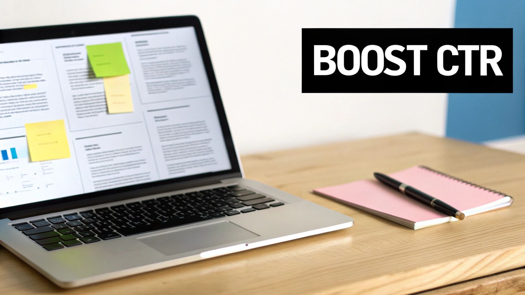 A silver laptop with documents and sticky notes on screen, pink notebook, and pen on a wooden desk. Text reads 'BOOST CTR'.