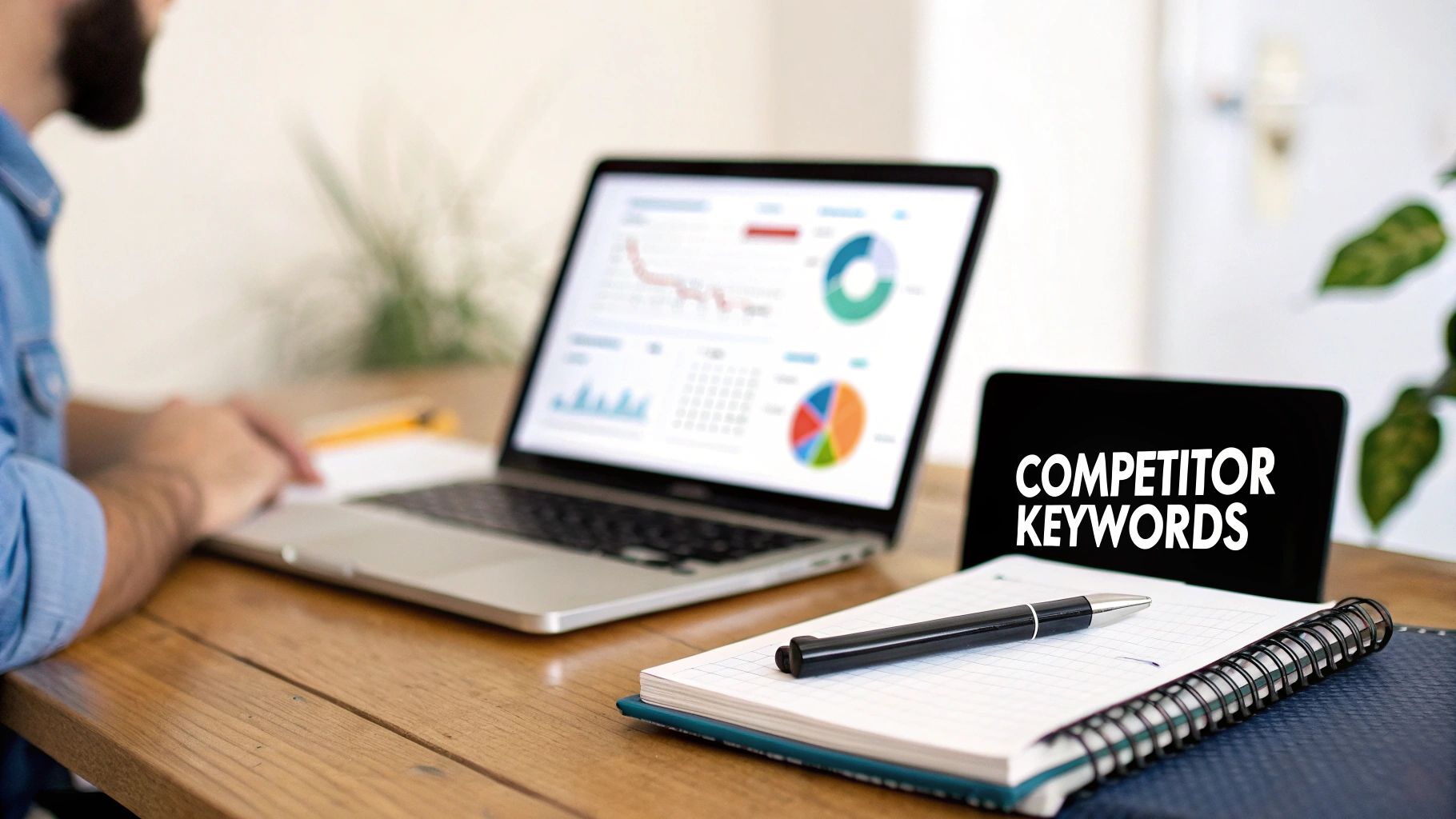 A person analyzes competitor keywords on a laptop displaying data charts, next to a tablet and notebook.