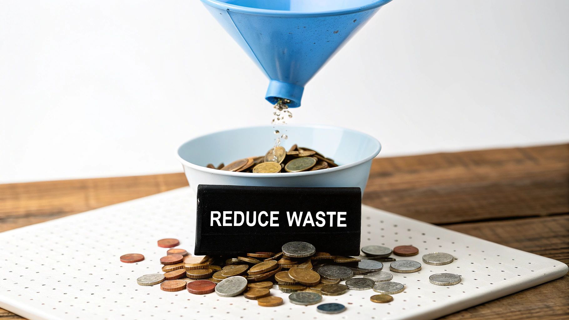 A blue funnel pours water into a bowl of coins, with a 'REDUCE WASTE' sign and scattered coins.