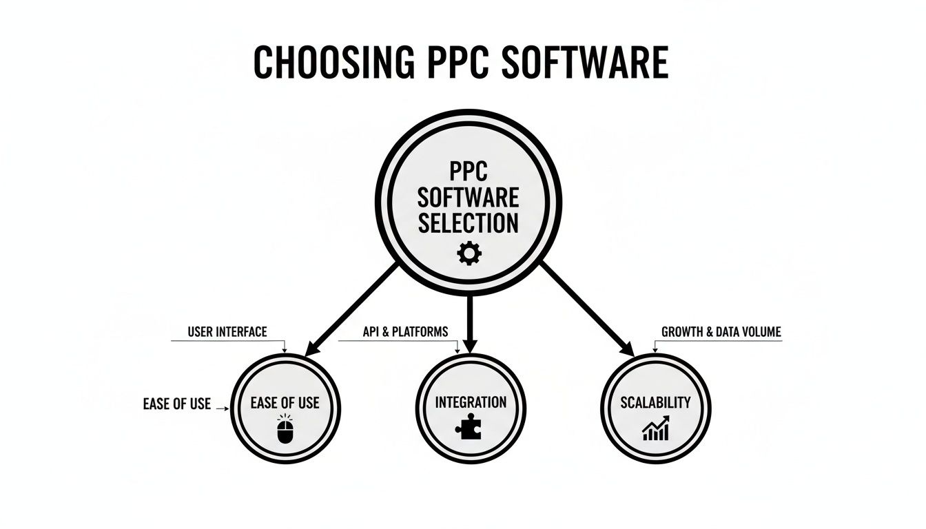Diagram illustrating key factors for choosing PPC software, including ease of use, integration, and scalability.