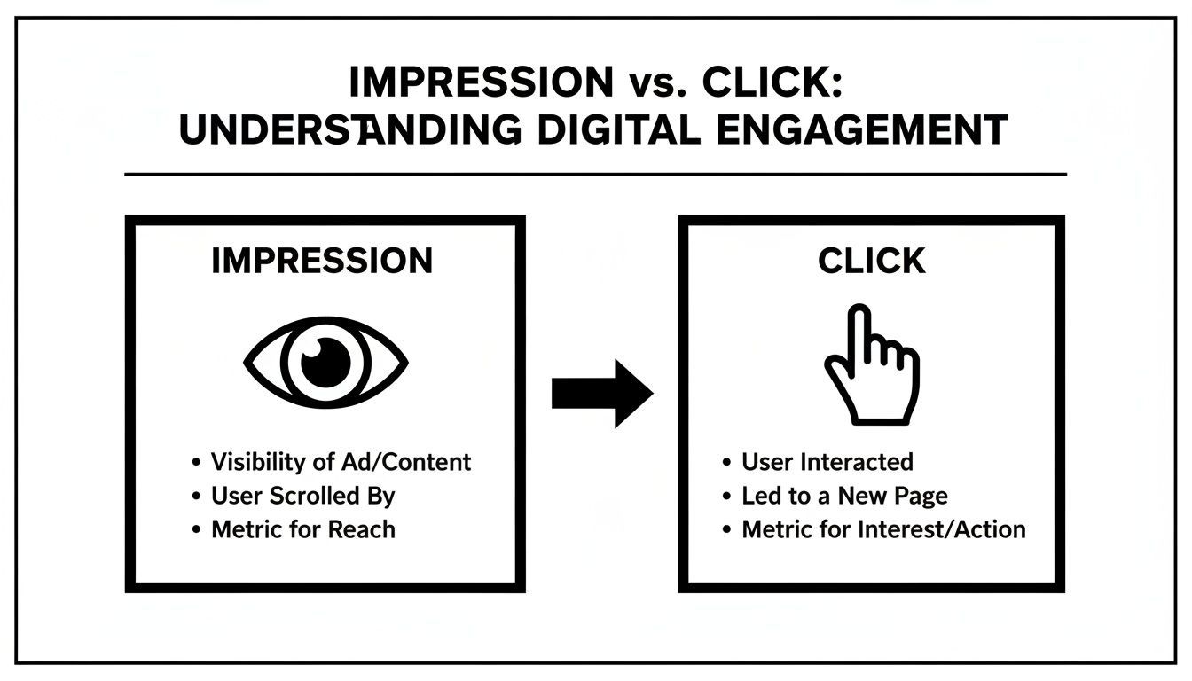 Infographic illustrating the difference between impression (visibility, reach) and click (interaction, action) for digital engagement.