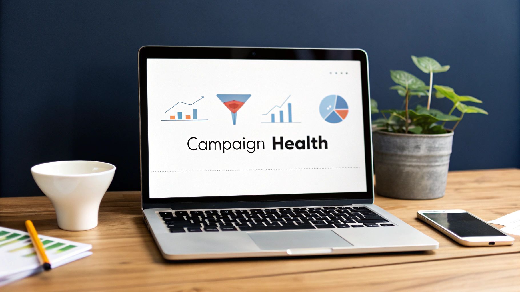 A laptop on a wooden desk displays a 'Campaign Health' dashboard with various marketing graphs.