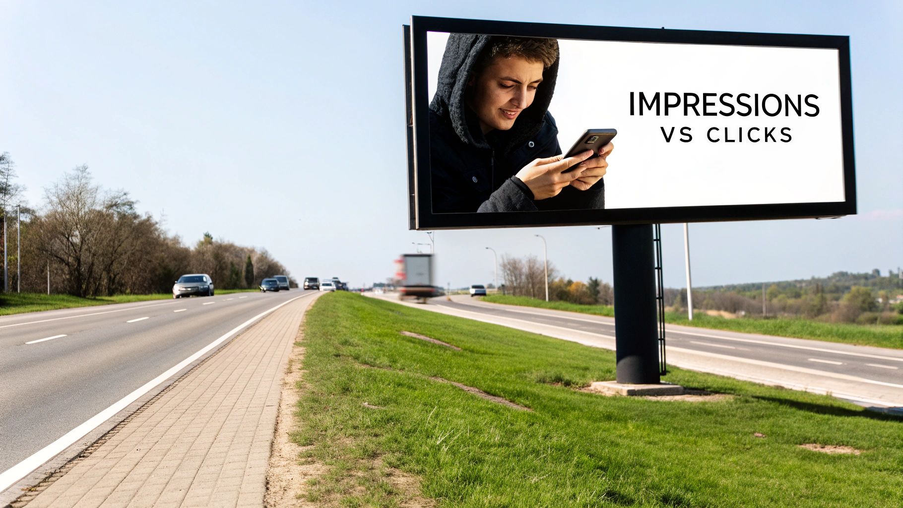 A large billboard advertising 'IMPRESSIONS VS CLICKS' next to a busy highway with cars.