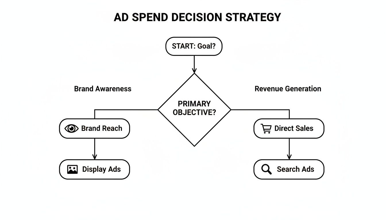 Flowchart illustrating an ad spend decision strategy, contrasting display ads for brand awareness and search ads for revenue.