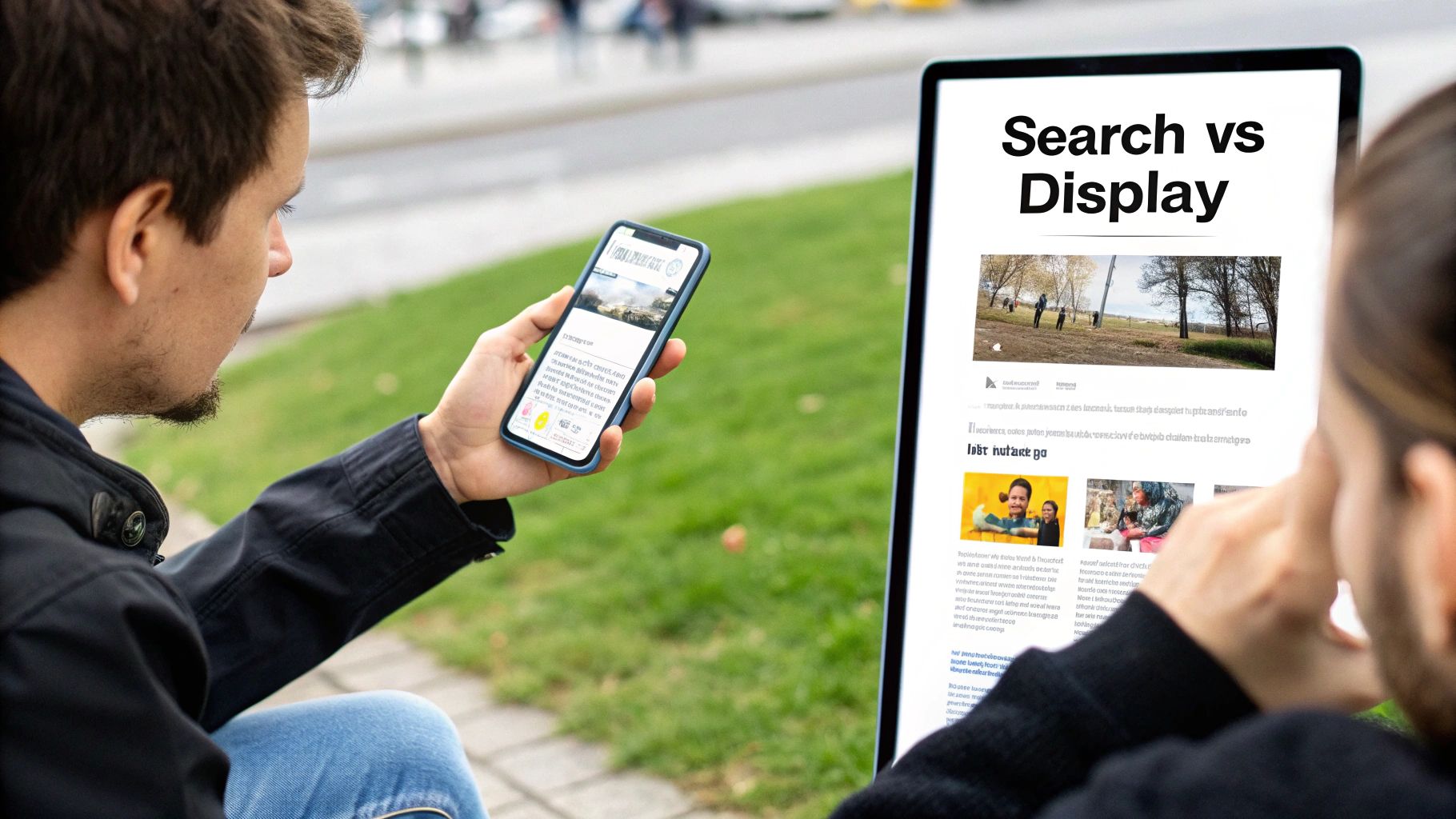 Two people comparing web content on a smartphone and a laptop screen, discussing 'Search vs Display'.