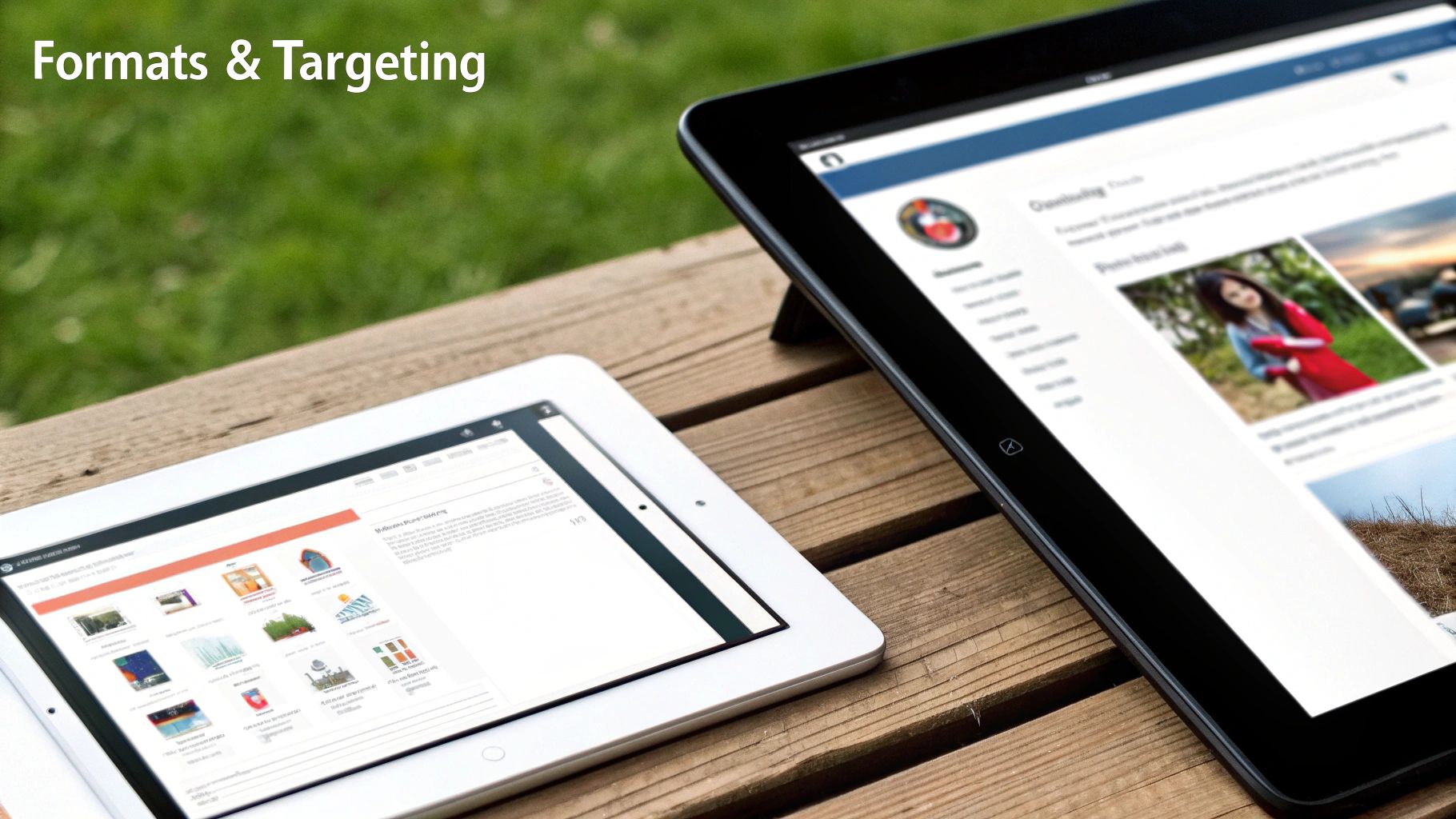 Two tablets displaying digital content and ad formats on a wooden table with green grass background.