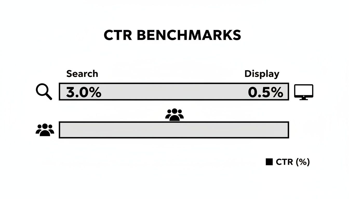 A chart illustrating CTR benchmarks, showing 3.0% for Search and 0.5% for Display channels.