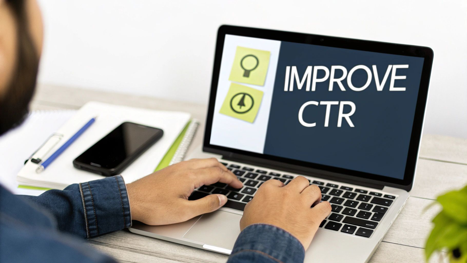 A person types on a laptop displaying 'IMPROVE CTR' on the screen, with a phone and notebook nearby.