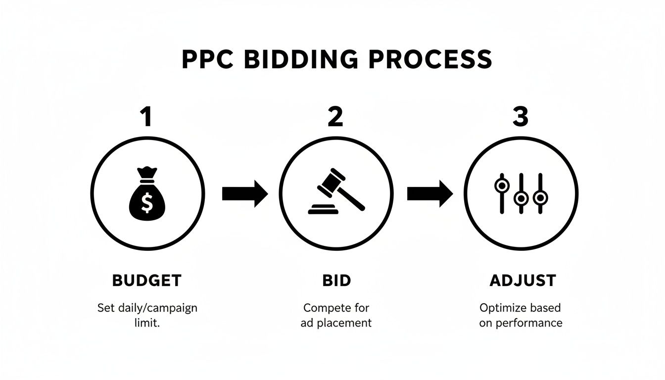 PPC bidding process infographic showing three steps: 1. Budget, 2. Bid, and 3. Adjust for optimization.