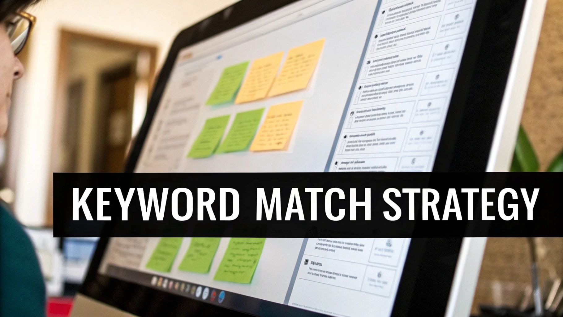Person analyzing a computer screen with colorful sticky notes and a 'KEYWORD MATCH STRATEGY' banner.