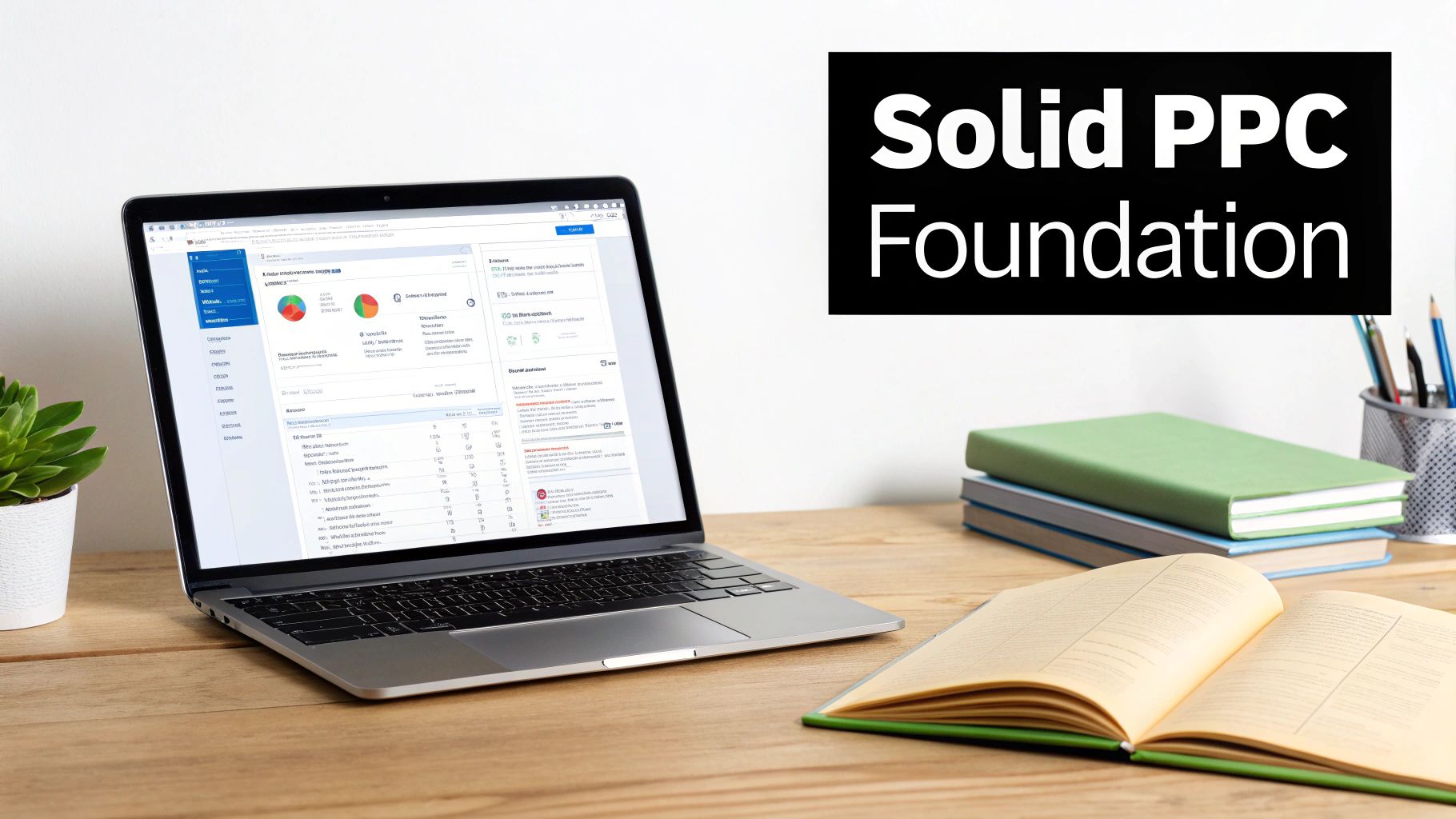 A laptop with data dashboards, books, and a plant on a desk, with text 'Solid PPC Foundation'.