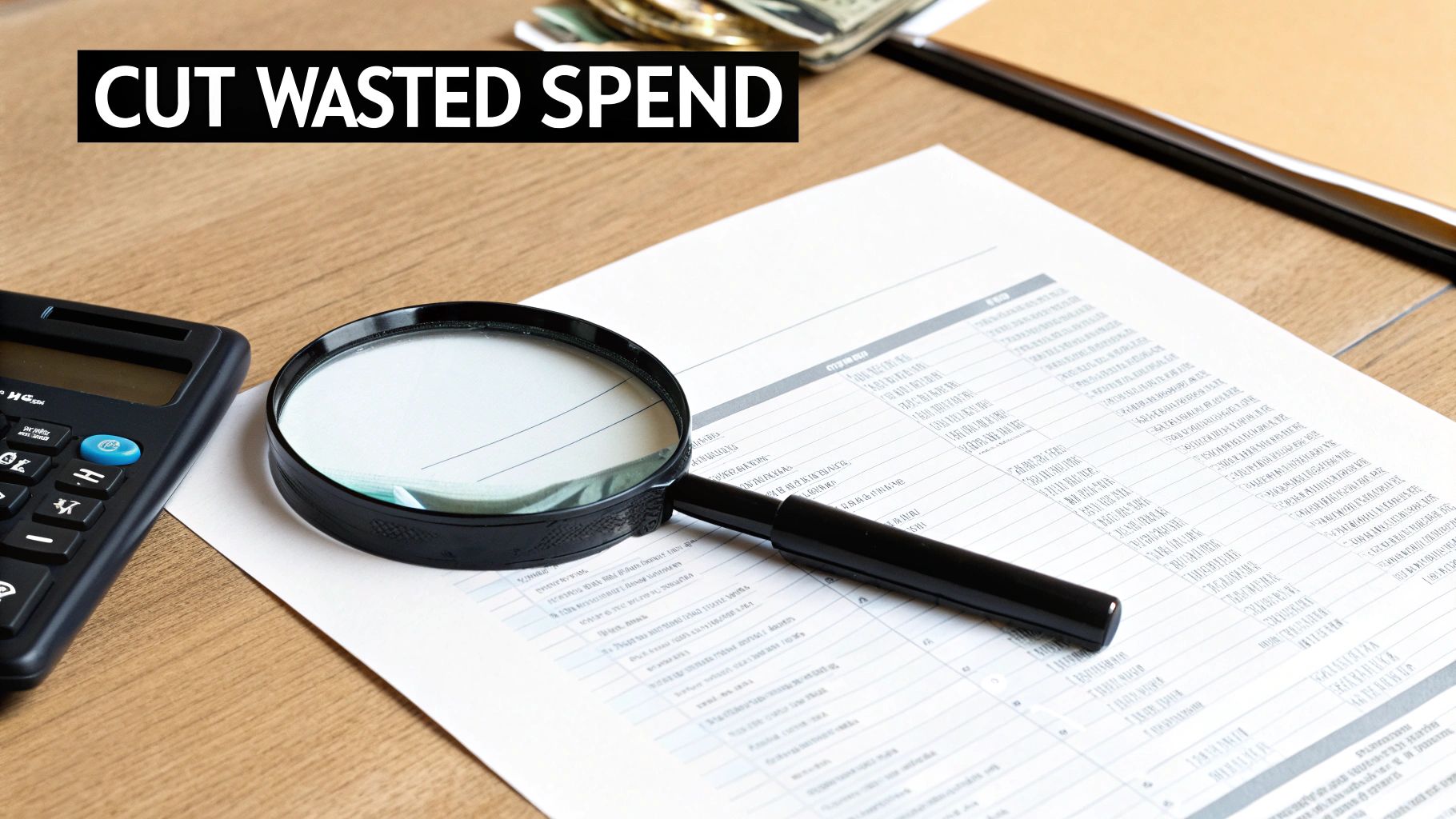 A magnifying glass on a financial document with a calculator, illustrating the concept of cutting wasted spend.