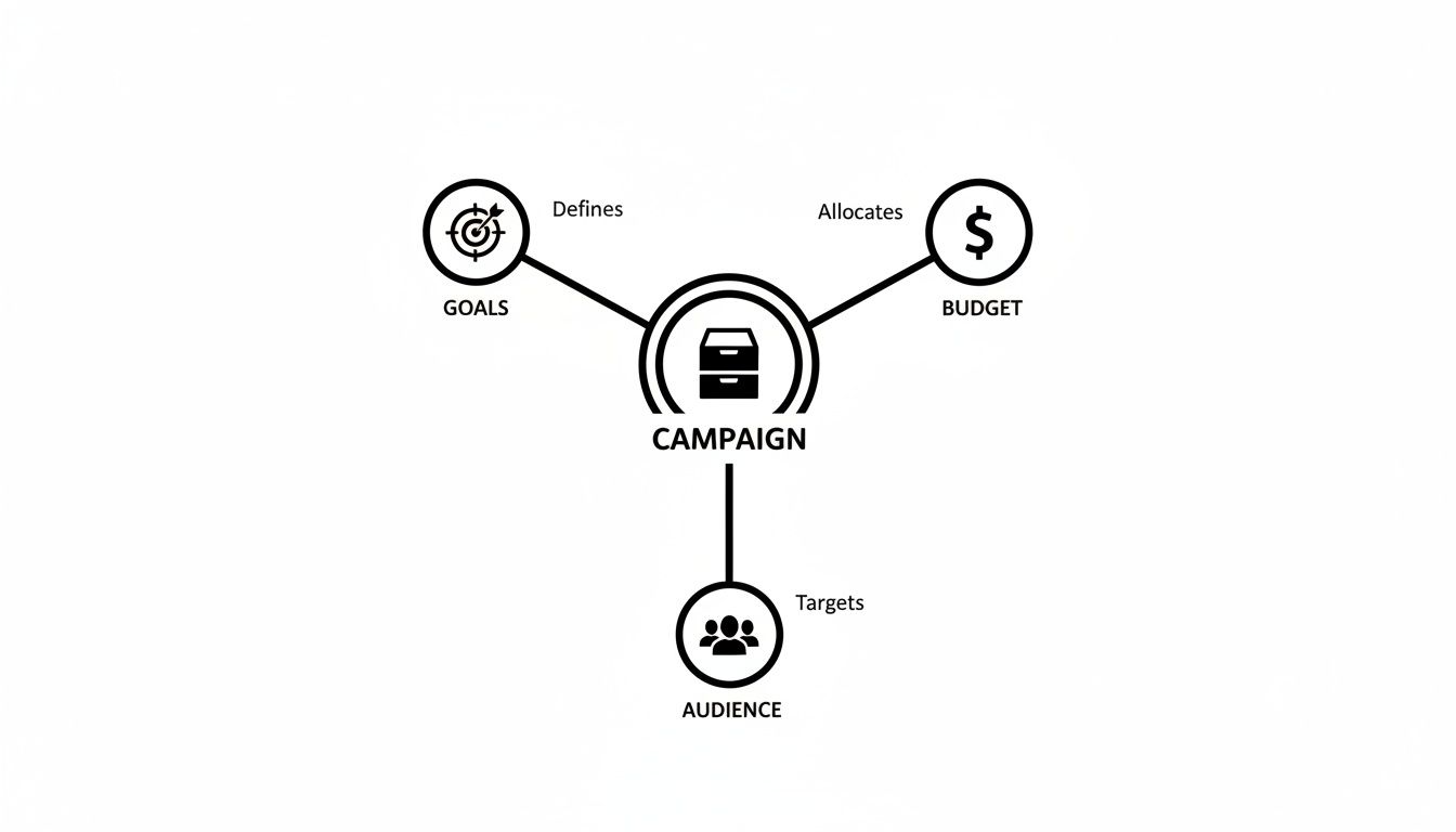 A black and white diagram showing a campaign connected to goals, budget, and audience.
