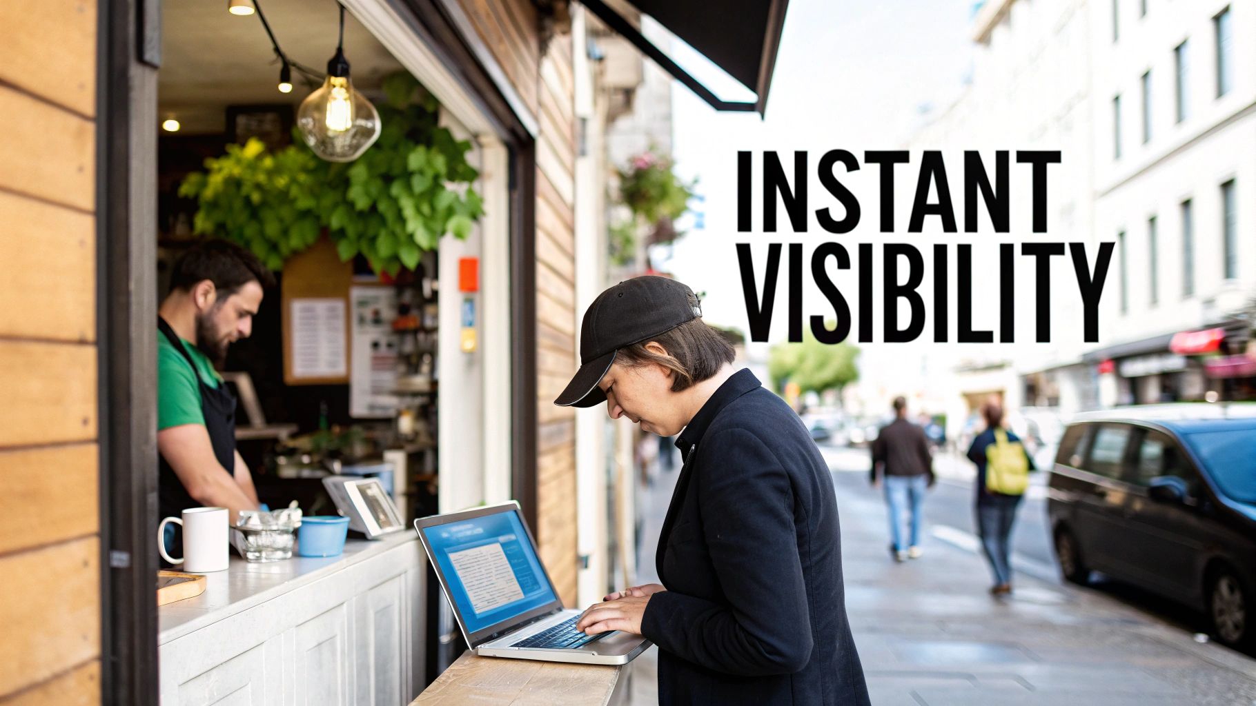 A person in a black cap types on a laptop outside a cafe, with 'INSTANT VISIBILITY' text overlay.