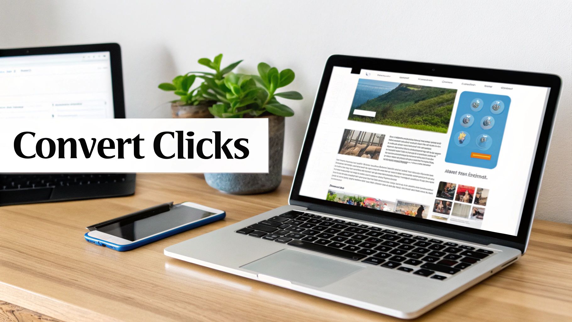 Laptop and smartphone on a wooden desk in a modern workspace, with 'Convert Clicks' text overlay.