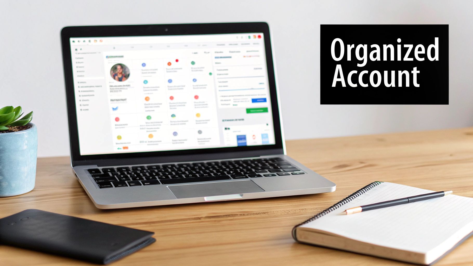 A laptop on a wooden desk displaying an organized account interface, with a plant and notebook.