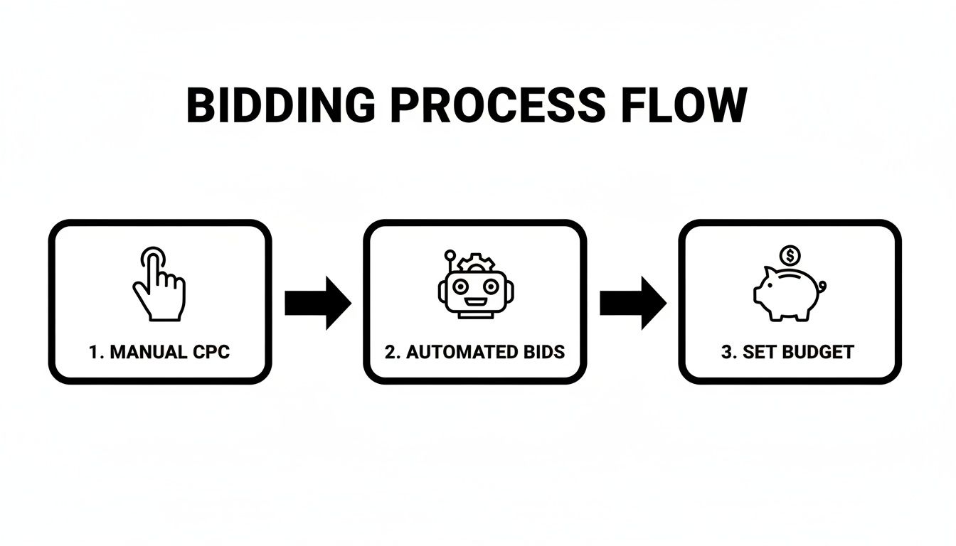 Diagram illustrating the bidding process flow for online advertising, including manual CPC, automated bids, and setting a budget.