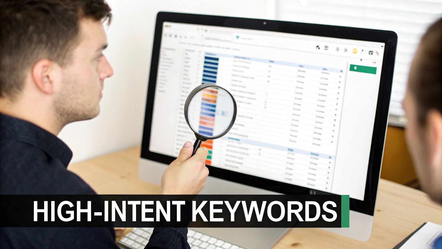 A person uses a magnifying glass to analyze high-intent keywords on a computer screen for SEO.