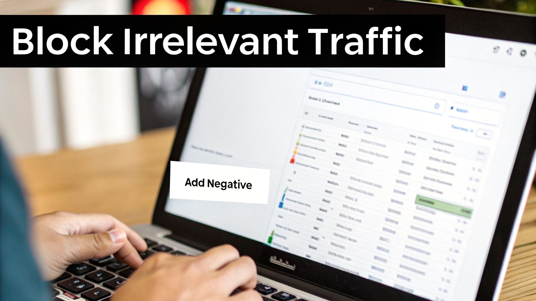 Person's hands typing on a laptop, optimizing a PPC campaign to block irrelevant traffic with negative keywords.