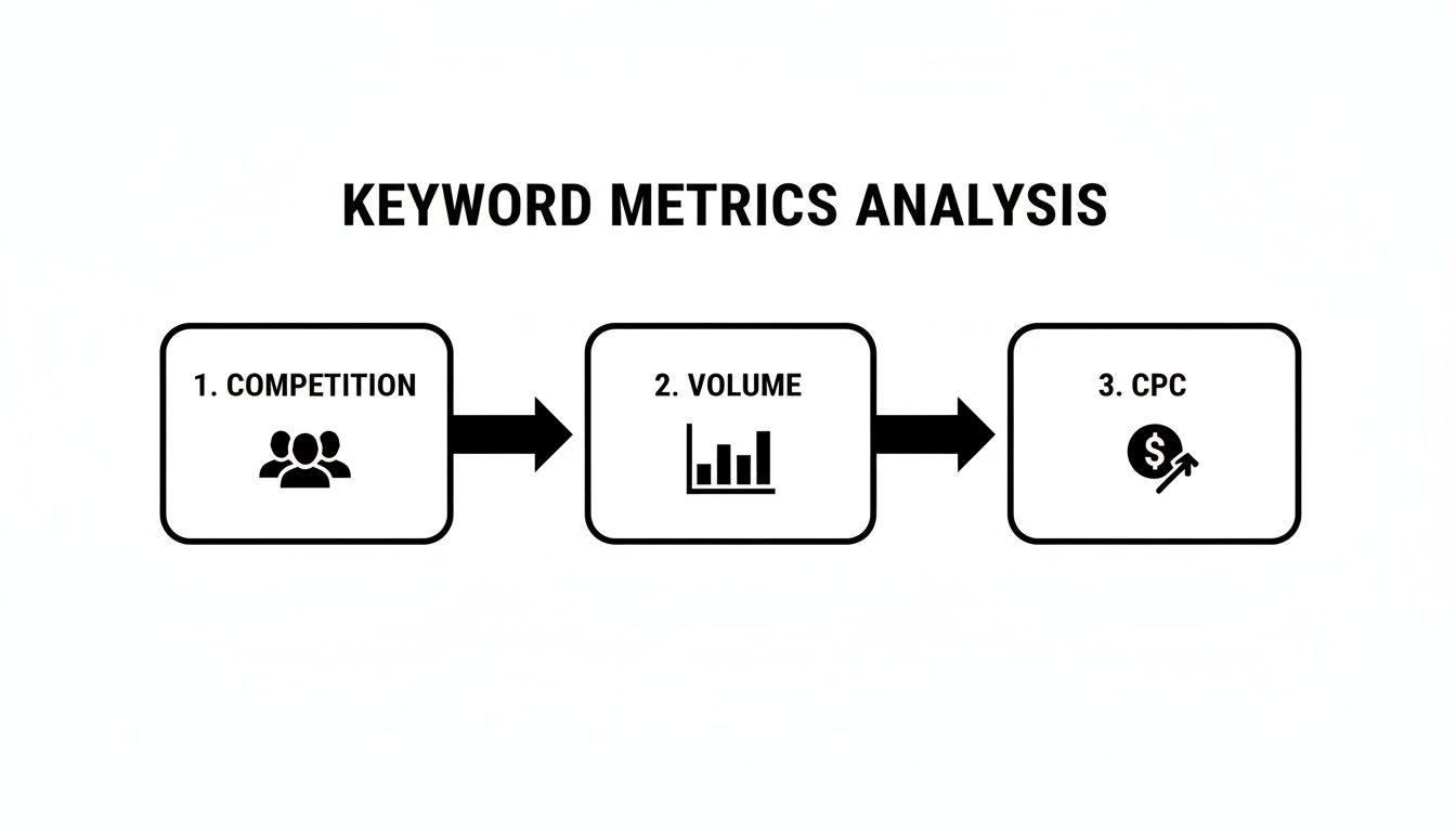A visual guide illustrating keyword metrics analysis, focusing on competition, search volume, and CPC.