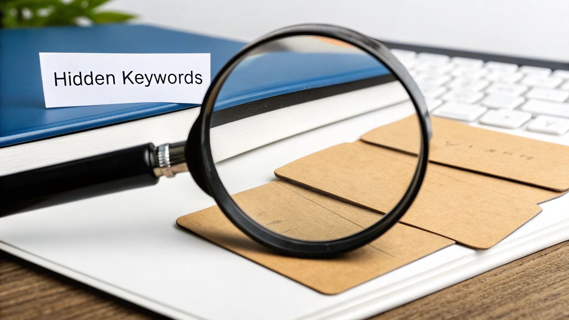 A magnifying glass is placed over a paper with 'Hidden Keywords' text, next to books and a keyboard.