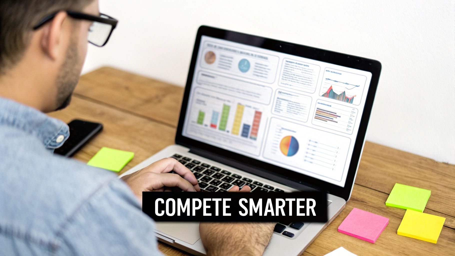 A person works on a laptop displaying business data, charts, and graphs for competitive analysis. Text: 'COMPETE SMARTER'.