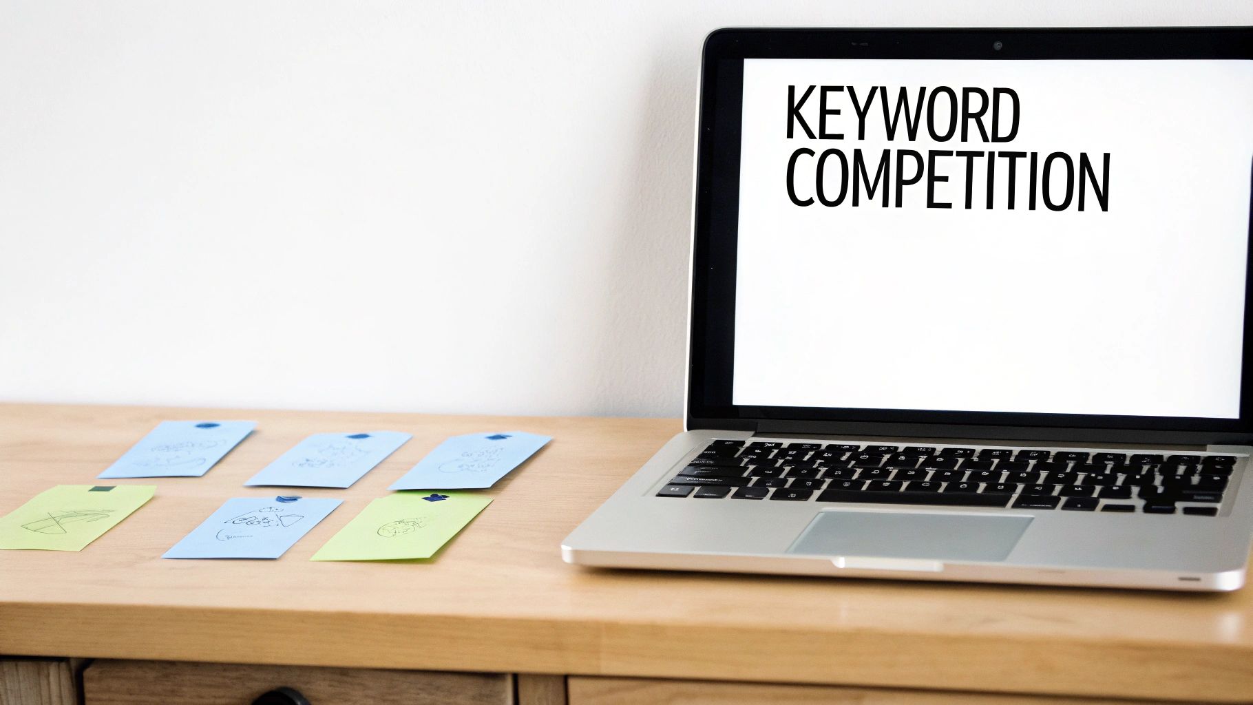 A laptop displays 'KEYWORD COMPETITION' on a wooden desk with several blue and green sticky notes.