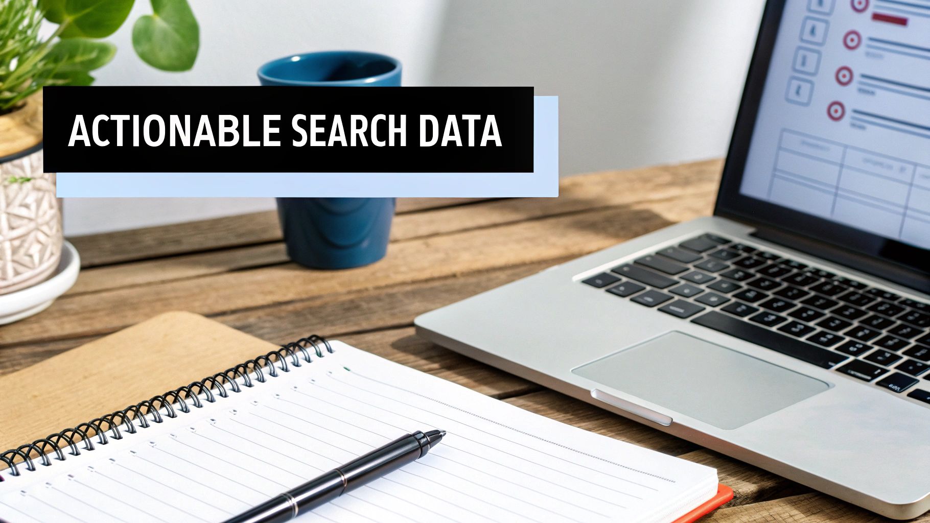 A laptop, open notebook, and pen on a wooden desk with a plant and mug, showing 'Actionable Search Data'.
